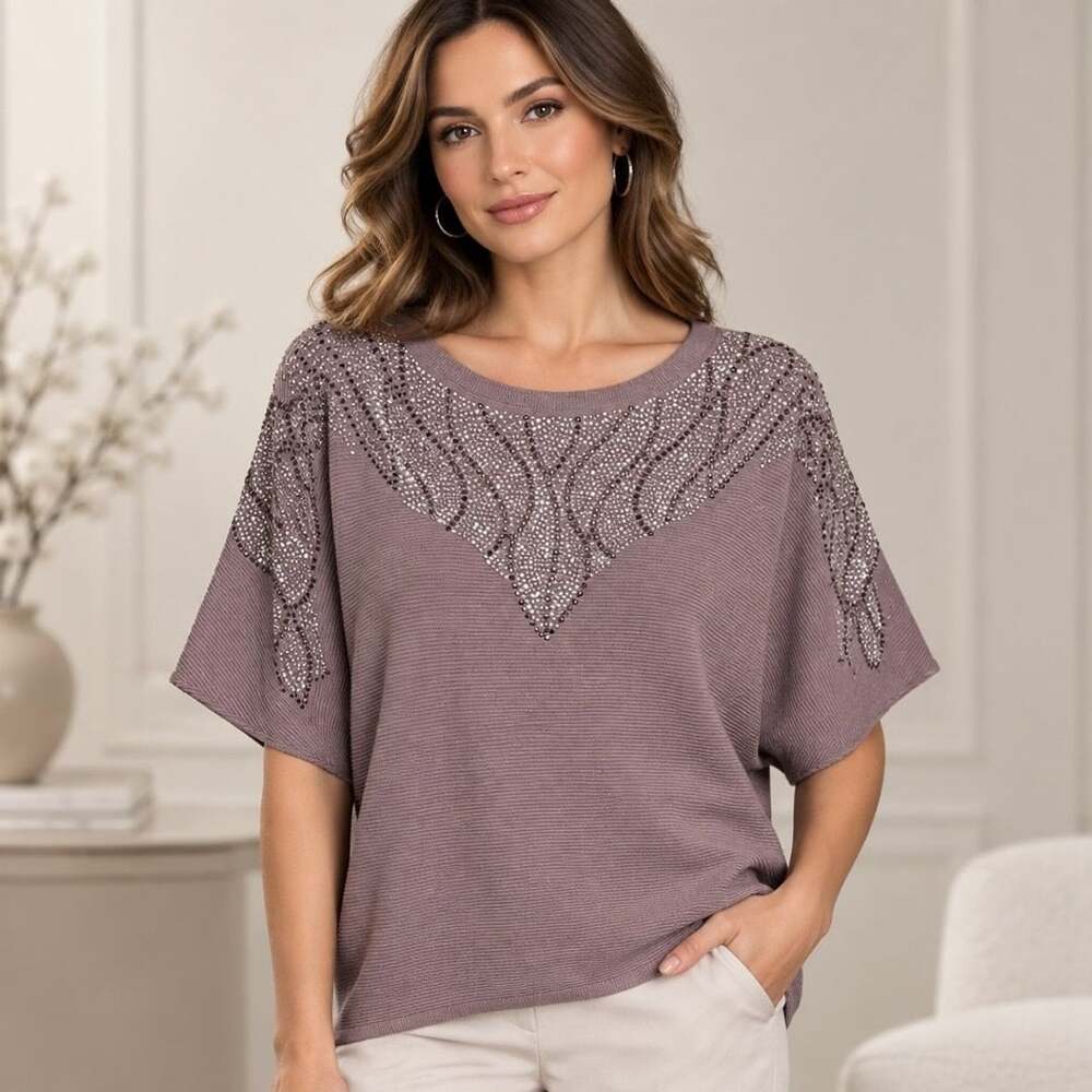 A Love Story Boat Neck Pullover with Jewel Embellishments Purple